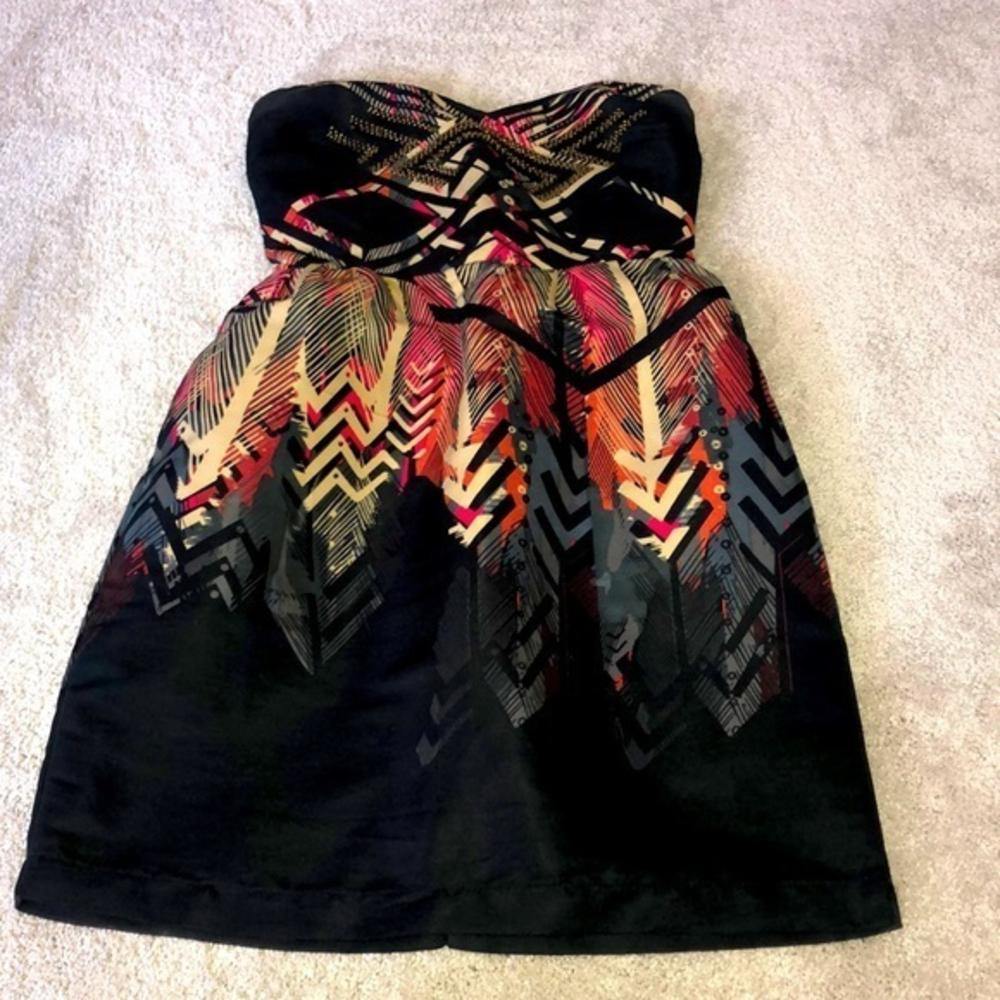 Ecote Urban Outfitters Strapless Dress XS Boho Feather Print Black